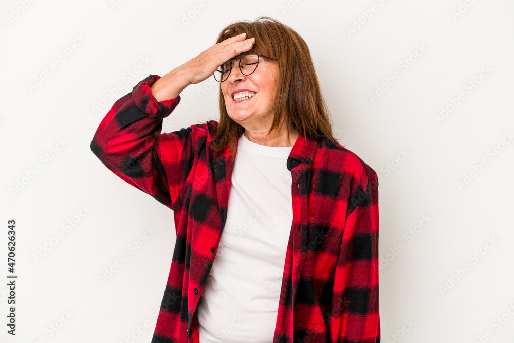 Middle age caucasian woman isolated on white background covers eyes with hands, smiles broadly waiting for a surprise. Middle age caucasian woman isolated on white background covers eyes with hands, smiles broadly waiting for a surprise.