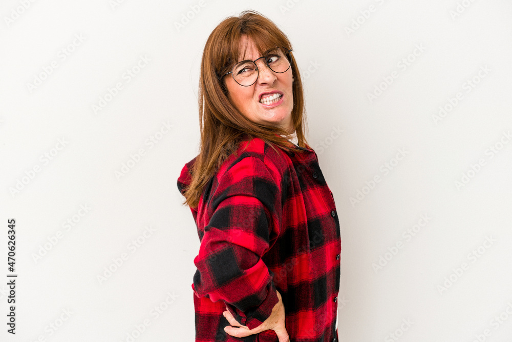 Middle age caucasian woman isolated on white background suffering a back pain. Middle age caucasian woman isolated on white background suffering a back pain.