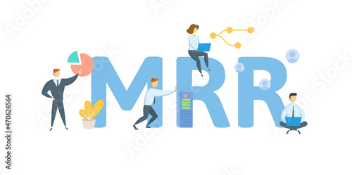 MRR, Monthly Recurring Revenue. Concept with keyword, people and icons. Flat vector illustration. Isolated on white.