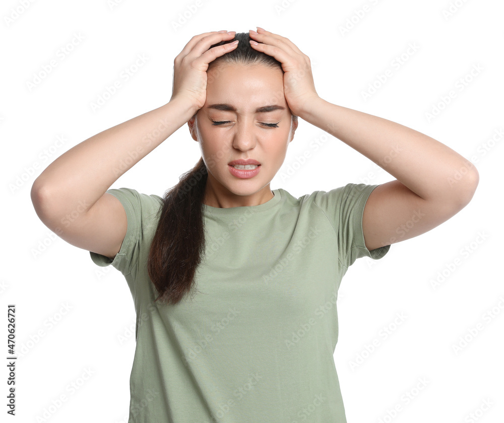 Young woman suffering from headache on white background Young woman suffering from headache on white background