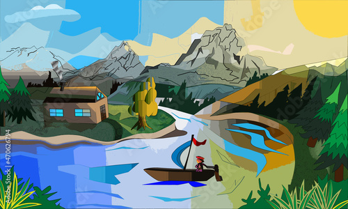 Avantgarde sailboat with a house with mountains with blue yellow orange green shades