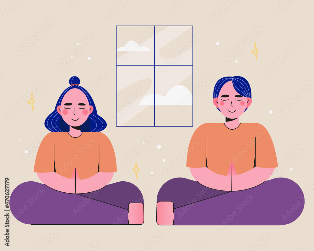 Obraz premium meditation boy and girl vector couple peaceful vibes