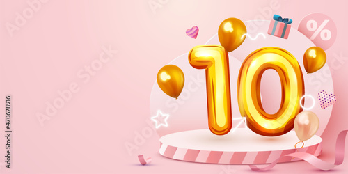 10 percent Off. Discount creative composition. Sale symbol with decorative objects, heart shaped balloons, golden confetti, podium and gift box. Sale banner and poster.