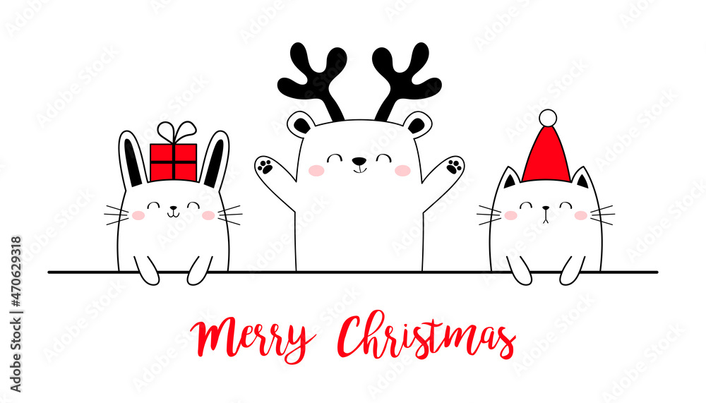 Merry Christmas Happy New Year. Cute bear bunny cat. Red Santa hat, deer horns. Funny kawaii doodle animal set. Cartoon funny baby pet. Line kitten kitty rabbit. Flat design. White background Merry Christmas Happy New Year. Cute bear bunny cat. Red Santa hat, deer horns. Funny kawaii doodle animal set. Cartoon funny baby pet. Line kitten kitty rabbit. Flat design. White background