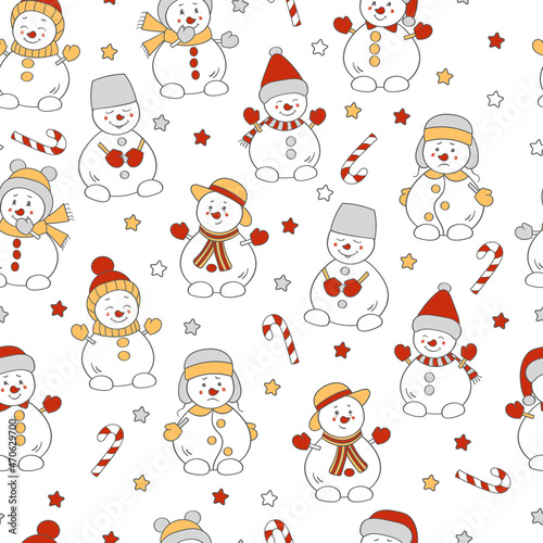 Fototapeta Naklejka Na Ścianę i Meble -  Seamless pattern with cute Christmas snowmen