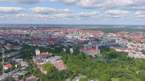 Hanover: Aerial view of city in Germany, New Town Hall (Neues Rathaus) building - landscape panorama of Europe from above
 photo