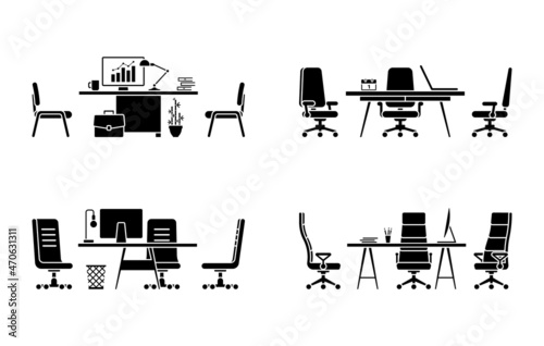 Design of modern empty office workspace front view vector illustration icon set. Flat style table, desk, chair, computer, desktop, pc, laptop, lamp isolated pictogram on white background
