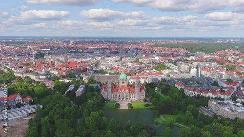 Hanover: Aerial view of city in Germany, New Town Hall (Neues Rathaus) building - landscape panorama of Europe from above
 photo
