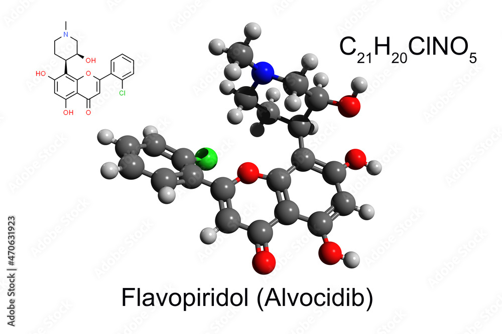 Chemical formula, structural formula and 3D ball-and-stick model of a chemotherapeutic medication flavopiridol, white background Chemical formula, structural formula and 3D ball-and-stick model of a chemotherapeutic medication flavopiridol, white background