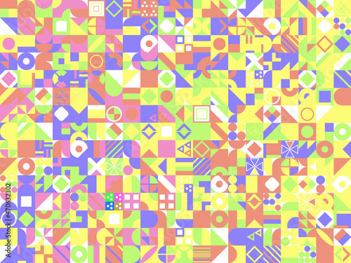 Abstract multicolored geometric pattern. Different geometric figures background. Flat minimal style. Template for your design, wallpaper, banner, poster, flyer
