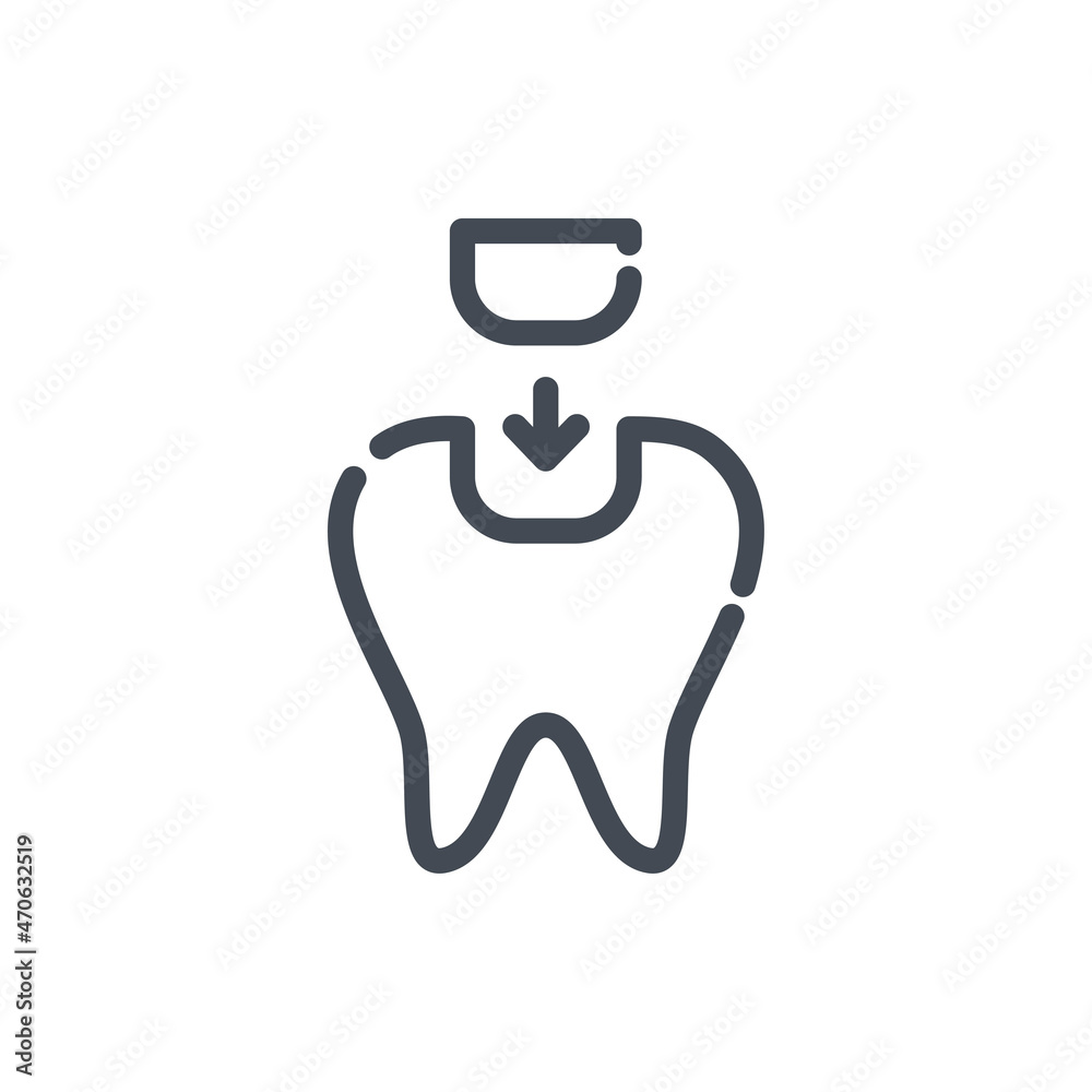 Tooth filling line icon. Placement of a filling in a tooth vector outline sign.