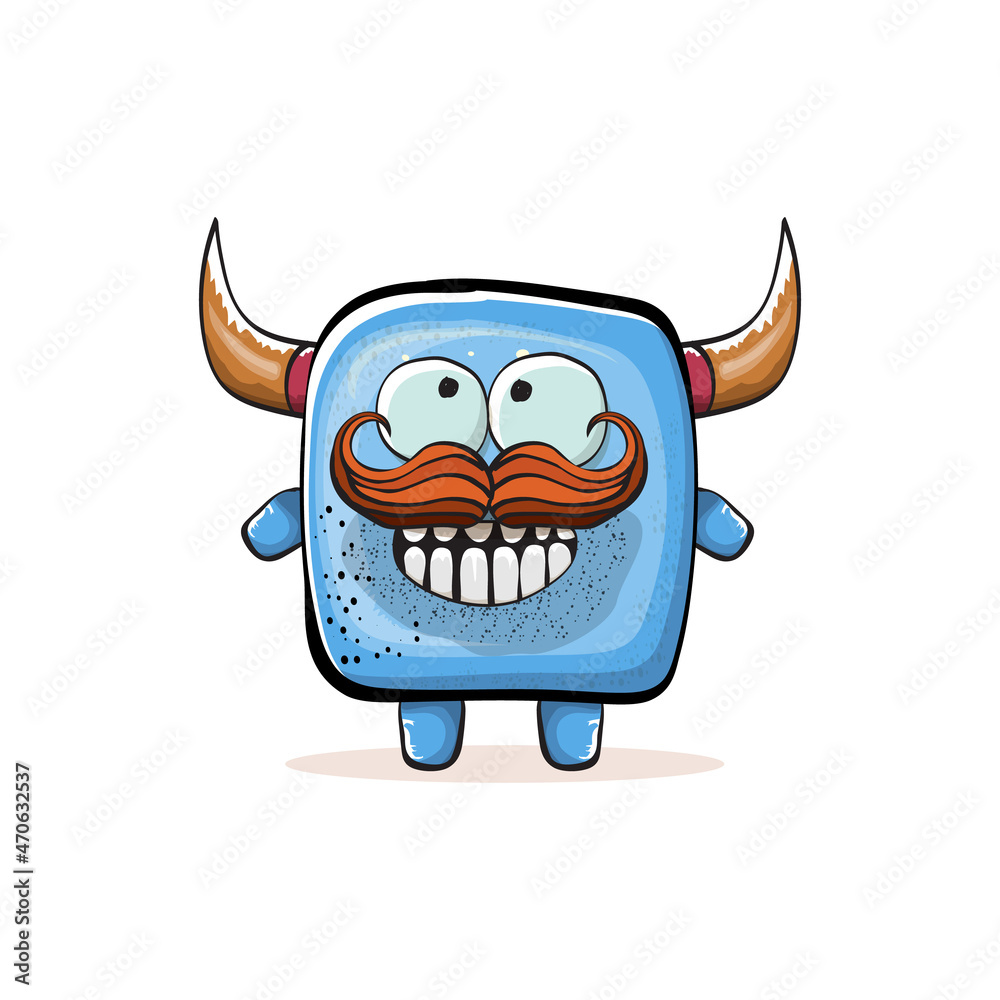 Naklejka premium Vector cartoon funny blue monster with horn isolated on white background. Smiling silly blue monster print sticker design template. Ghost, troll, gremlin, goblin, devil and monster