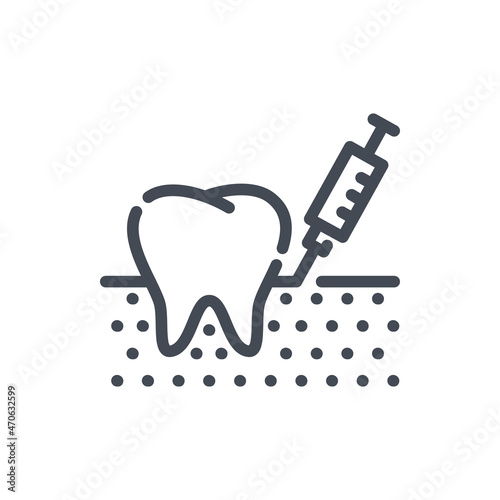 Dental anesthetic injection line icon. Tooth, gum and syringe vector outline sign.