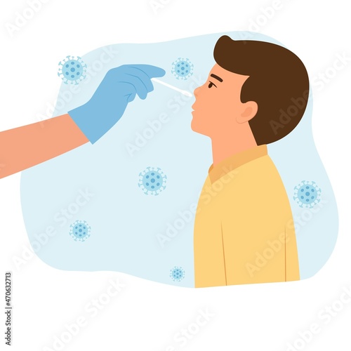 Boy receiving a covid19 coronavirus or DNA testing by medical staff, doctor or nurse.PCR test, influenza check, nasal swab laboratory test diagnosis of influenza.  Flat Vector Illustration.