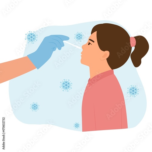 Girl receiving a covid19 coronavirus or DNA testing by medical staff, doctor or nurse.PCR test, influenza check, nasal swab laboratory test diagnosis of influenza.  Flat Vector Illustration.