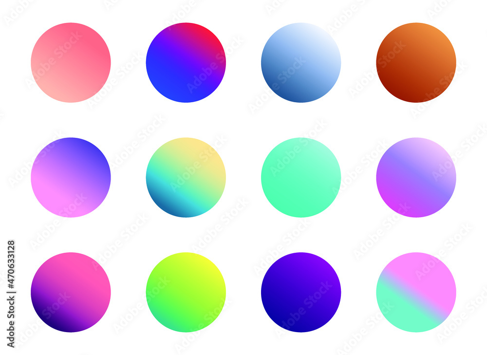 Set of round Vector Gradient. Multicolor Sphere. Modern abstract background texture. Template for design. Isolated objects