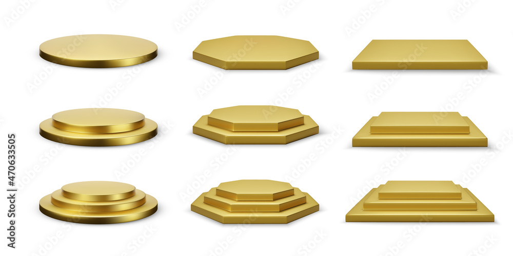 Round hexagonal and square gold stage collection isolated on white background