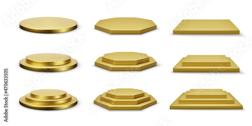Round hexagonal and square gold stage collection isolated on white background