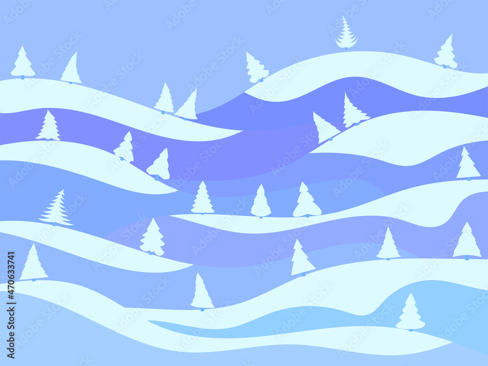 Obraz premium Winter landscape in the style of minimalism. Snow-covered hills and mountains with fir trees. Snowy wavy landscape. Design for prints and posters, promotional items. Vector illustration