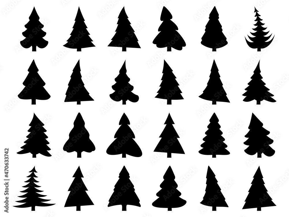 Obraz premium Black silhouette of Christmas trees isolated on a white background. Collection of Christmas trees icons. Design of fir trees for posters, banners and promotional materials. Vector illustration