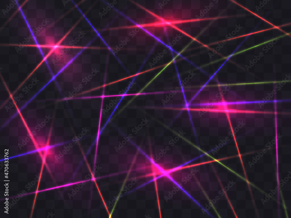 Laser beams on a transparent background. Multi-colored rays of light, magic glow. Create a template for your banner, poster, and greeting cards. Vector illustration