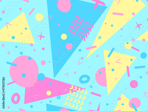 Geometric seamless pattern in the style of the 80s. Memphis style elements. Colorful abstract background for printing, wrapping paper and promotional items. Vector illustration