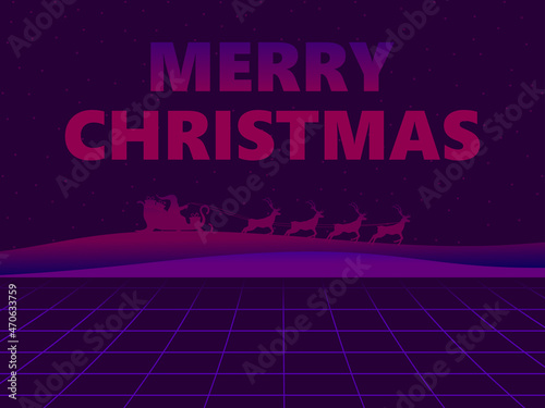 Santa Claus in a sleigh with reindeer in 80s virtual reality. Synthwave and retrowave style. Merry Christmas lettering. Design of a greeting card, banner and promoted products. Vector illustration