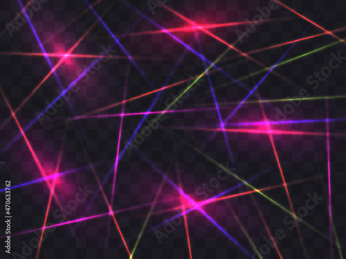 Laser beams on a transparent background. Multi-colored rays of light, magic glow. Create a template for your banner, poster, and greeting cards. Vector illustration