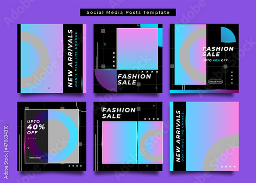 Fashion sale Instagram post or banner template set. Neon fashion social media post template for promotional ads or web banners