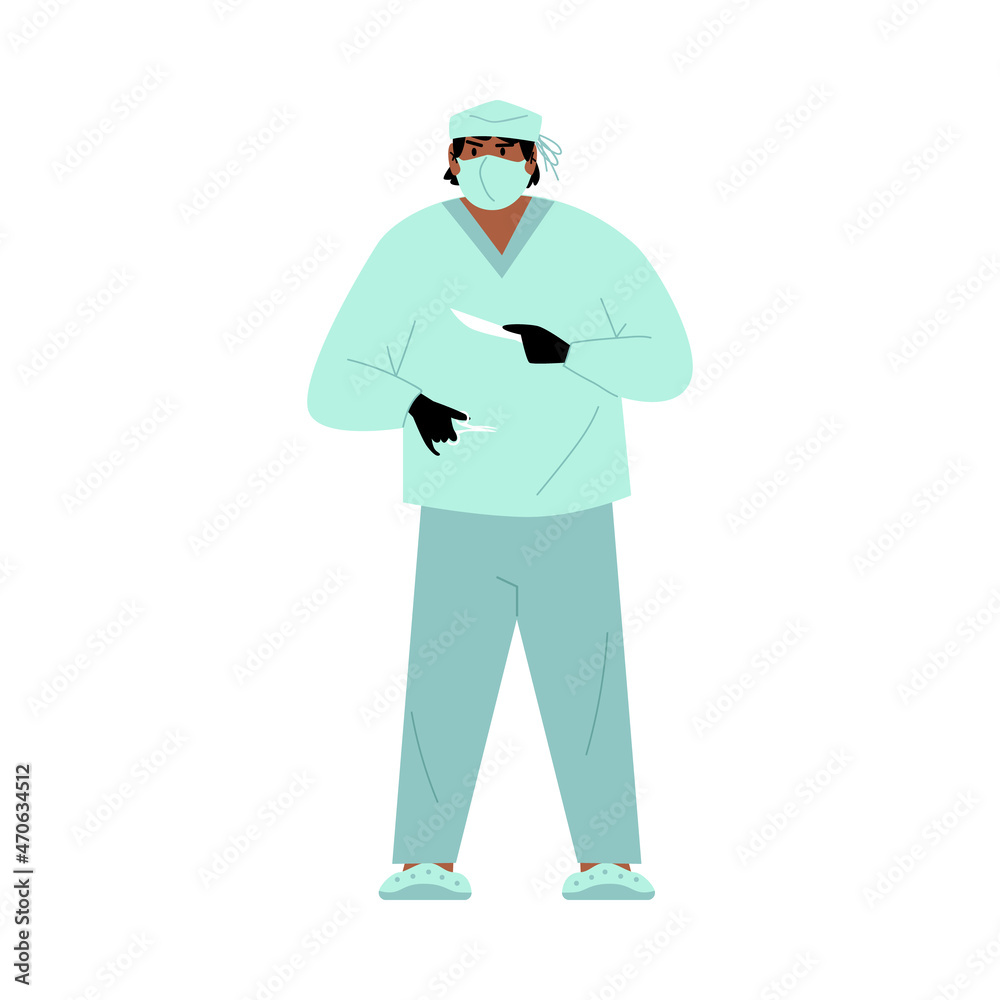 Surgeon doctor in uniform, mask, latex gloves with scalpel ready to work