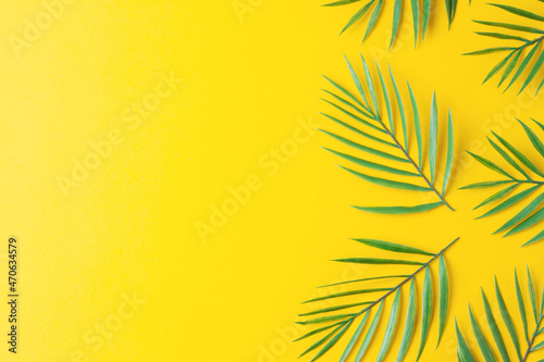 Cosmetic background with palm leaf on yellow. Flat lay, copy space