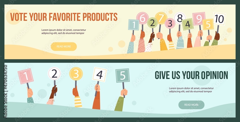 Favorite product voting and customers opinion banners flat vector illustration.