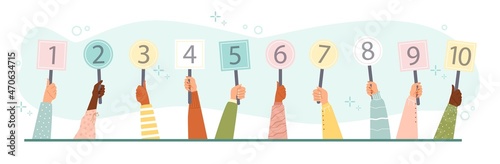 Banner with human hands holding score cards, flat vector illustration isolated.