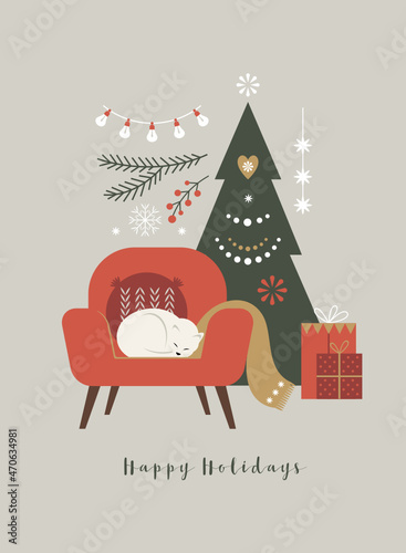 Christmas and New Year card.  Cat sleeps on the sofa	
