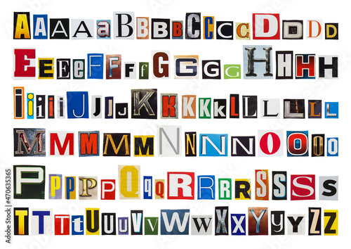 English alphabet letters cutting from magazine paper. Newspaper clippings with letters isolated on white background. Anonymous text concept.