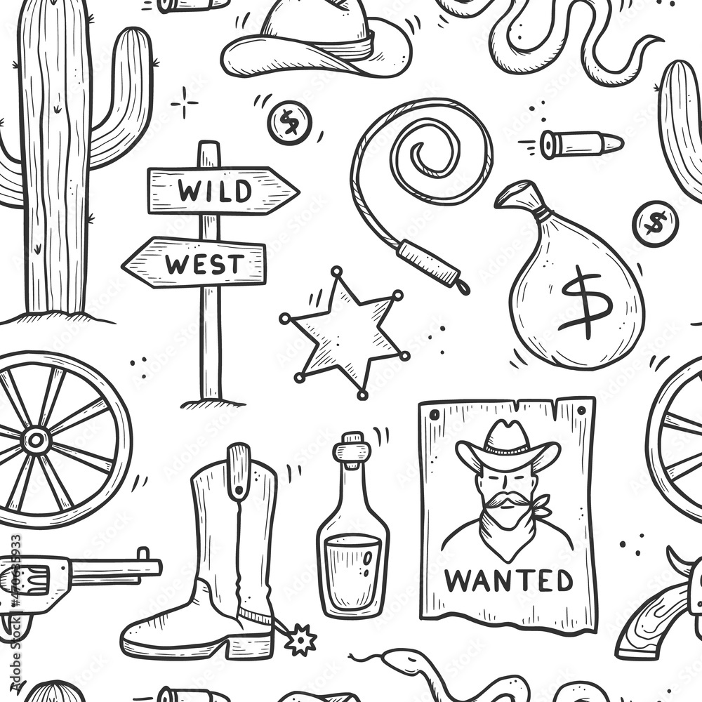 Obraz premium Cowboy western doodle seamless pattern. Hand drawn sketch line style. Cowboy shoe, cow skull, gun, cactus element. Wild west vector illustration.