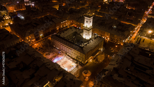 Fototapeta Naklejka Na Ścianę i Meble -  aerial view of night winter lviv city center
