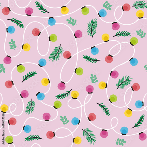 Christmas seamless pattern with branches and garland. Holiday background. Vector hand drawn illustration.