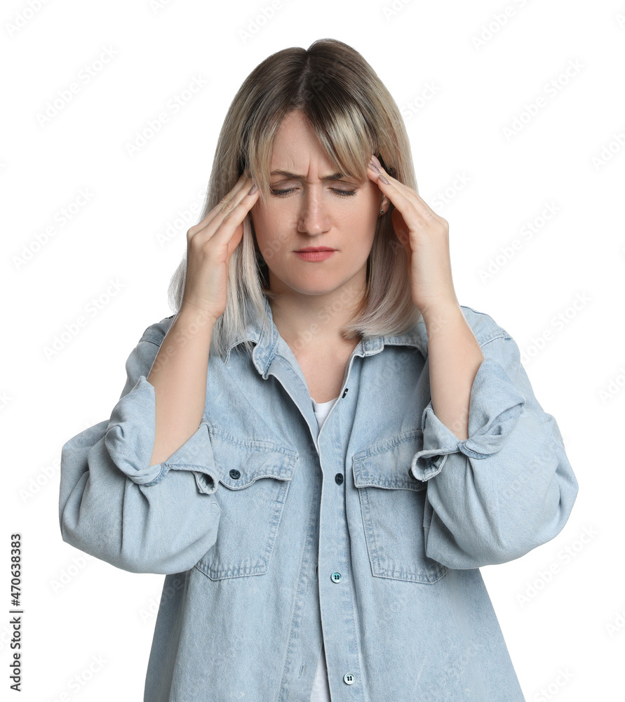 Woman suffering from headache on white background Woman suffering from headache on white background