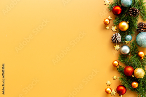 Christmas and New Year decoration balls background. Flat lay. Empty space for text