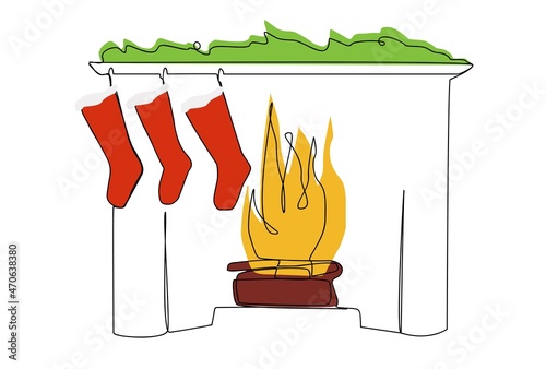 Christmas fireplace with a burning fire. Socks for gifts hang on the fireplace. One line art.	
 photo