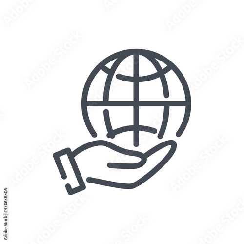 Globe care line icon. Hand holding the planet vector outline sign.