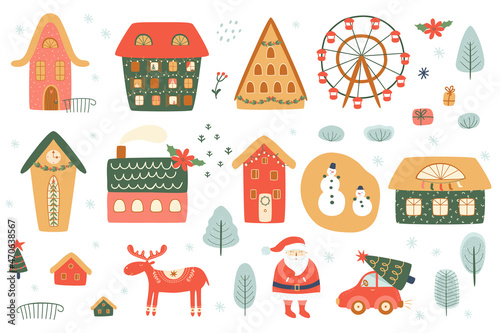 Fototapeta Naklejka Na Ścianę i Meble -  Christmas houses set. Set of isolated decorated buildings for New year and Christmas. Winter houses, Santa, deer, snowman, car. Winter holidays isolated graphic elements. Cute illustration.