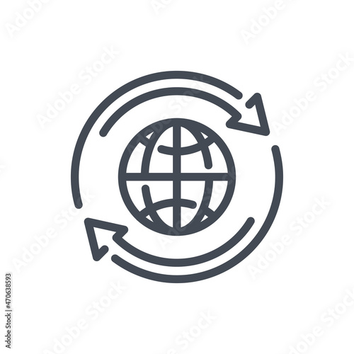Globe and planet rotation line icon. Planet with rotating arrows vector outline sign.