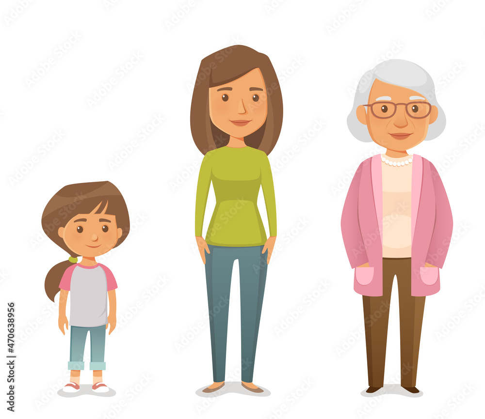 cute cartoon family members - daughter, mother and grandmother