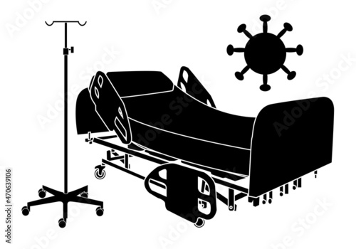 Ingreso hospitalario por Covid-19 o coronavirus. Silueta negra con trazo blanco de cama de hospital, soporte para sueros y partícula de coronavirus sobre fondo blanco