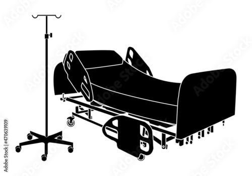 Ingreso hospitalario por Covid-19 o coronavirus. Silueta negra con trazo blanco de cama de hospital, y soporte para sueros  sobre fondo blanco