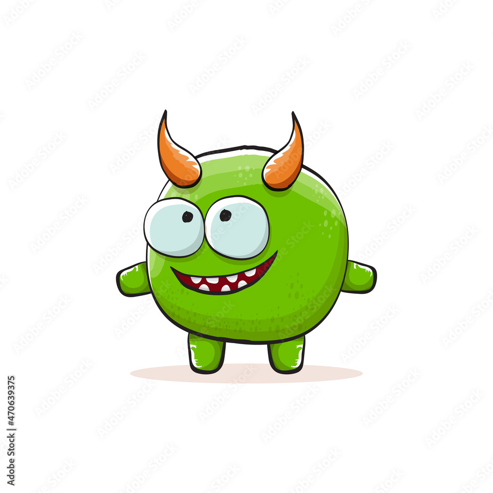 Fototapeta premium Vector cartoon funky green monster with horn isolated on white background. Smiling silly green monster print sticker design template. Ghost, troll, gremlin, goblin, devil and monster