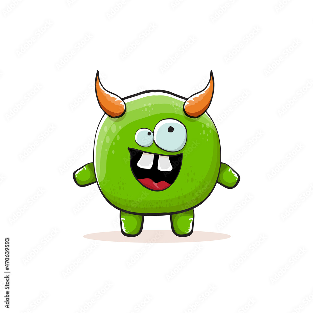 Vector cartoon funky green monster with horn isolated on white background. Smiling silly green monster print sticker design template. Ghost, troll, gremlin, goblin, devil and monster Vector cartoon funky green monster with horn isolated on white background. Smiling silly green monster print sticker design template. Ghost, troll, gremlin, goblin, devil and monster