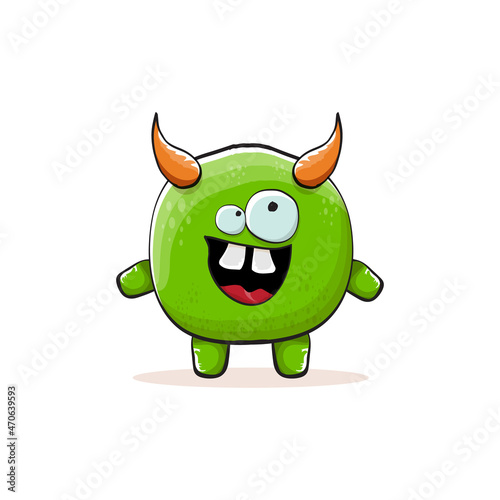 Vector cartoon funky green monster with horn isolated on white background. Smiling silly green monster print sticker design template. Ghost, troll, gremlin, goblin, devil and monster